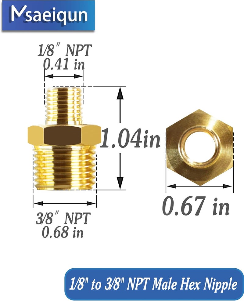 MSAEIQUN 10PCS 3/8 Inch Male Pipe x 1/8 Inch Male Pipe Solid Brass Threaded Straight Pipe Reducing Hex Nipple Fittings Extension Connector Adapter Coupling for Pipe Line/Oil/Gas - Image 2